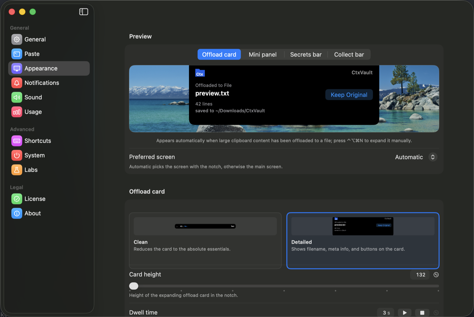 CtxVault Settings, Appearance: a live preview of the notch card reading "Offloaded to File" above preview.txt, 42 lines, saved to ~/Downloads/CtxVault, with a Keep Original button.