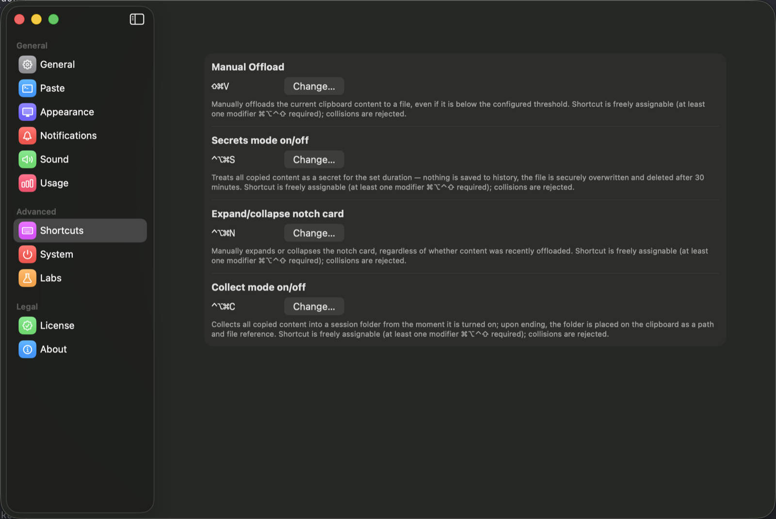 CtxVault Settings, Shortcuts: four rows (Manual Offload, Secrets mode, Expand/collapse notch card, Collect mode), each with its key combination, a Change button, and a sentence explaining what the function does.